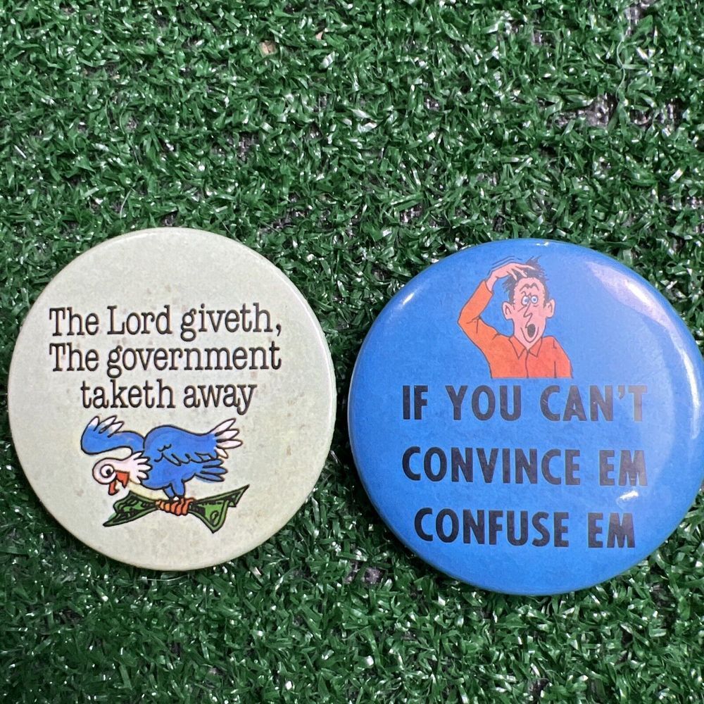 Lot Of 2 Vintage Humorous Button Pins The Lord Giveth & If You Can't Convince Em